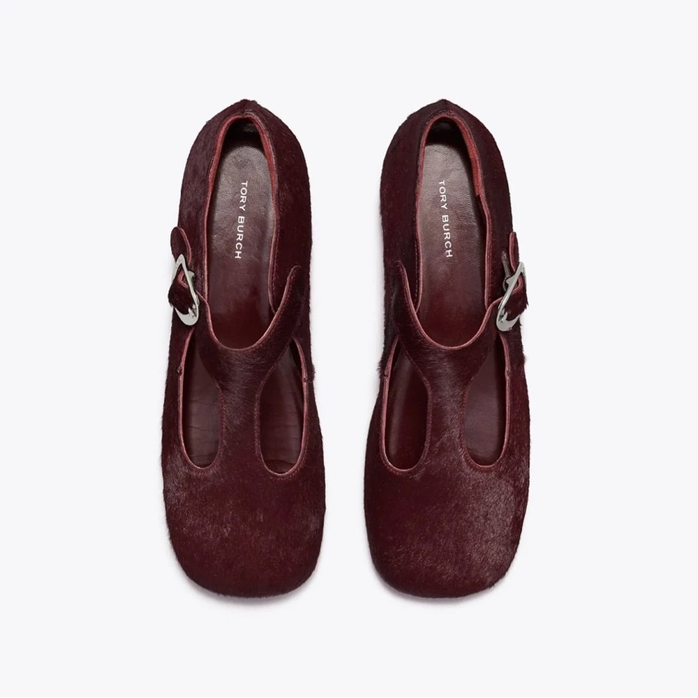 Tory Burch Brown Calf Hair Mary Jane Flats Violet T-Strap 8M